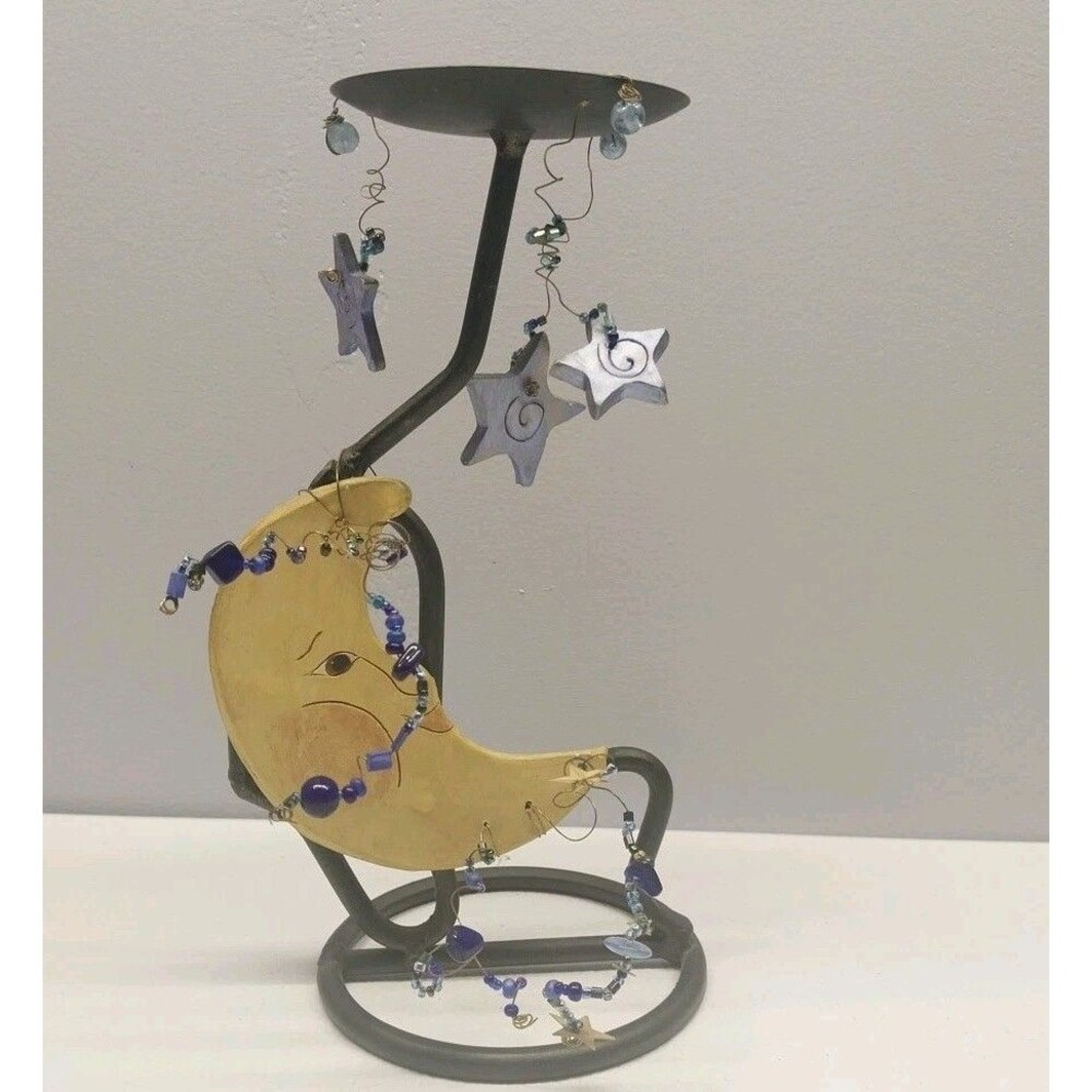 Handmade Celestial Moon Star Pillar Candle Holder Beaded Metal Wood Art 8.5"